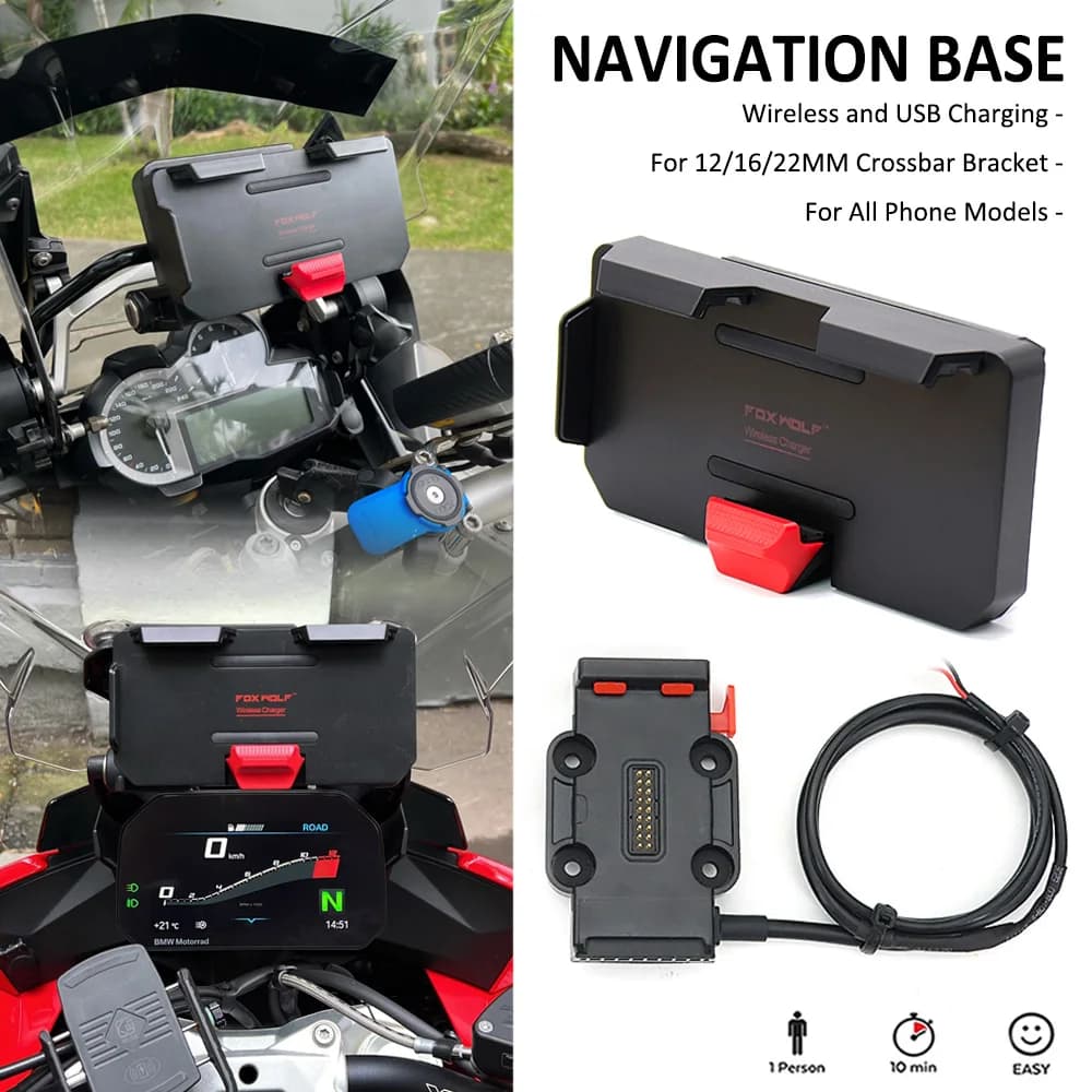 For All Motorcycle Wireless Charging 12mm 16mm 22mm Crossbar Roll Bar Phone Navigation Bracket Base R1250GS CRF1100L F900XR R18