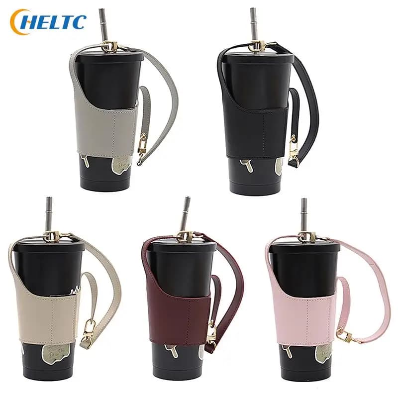 Leather Cup Cover Pouch Portable Water Bottle Sleeve Bag Leather Carrying Strap Insulating Cups Milk Tea Coffee Cups Accessories