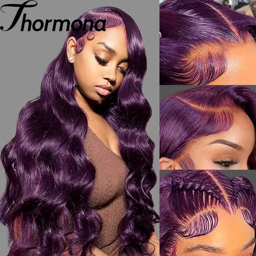 Dark Purple Body Wave Lace Front Wigs Synthetic Deep Burgundy 13x4 Lace Front Wigs Grape Purple Glueless Wigs 180% Density Women