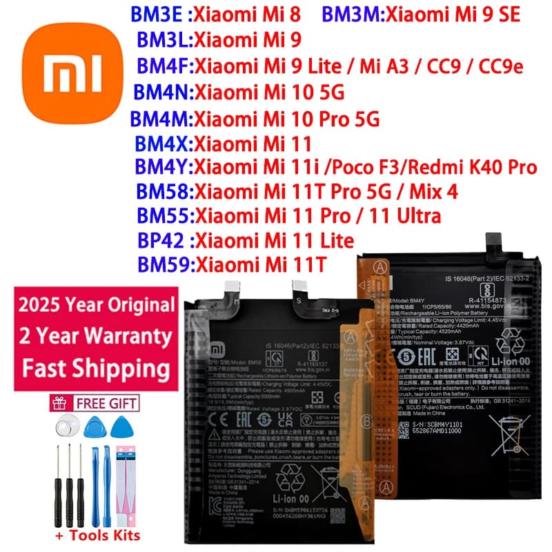 2025 Years Original BM4F BM4Y BP42 BM55 BM58 BM59 Battery For Xiaomi Mi 8 9 10 11 11i 11T Mix 4 Ultra SE Lite 5G Pro Batteries