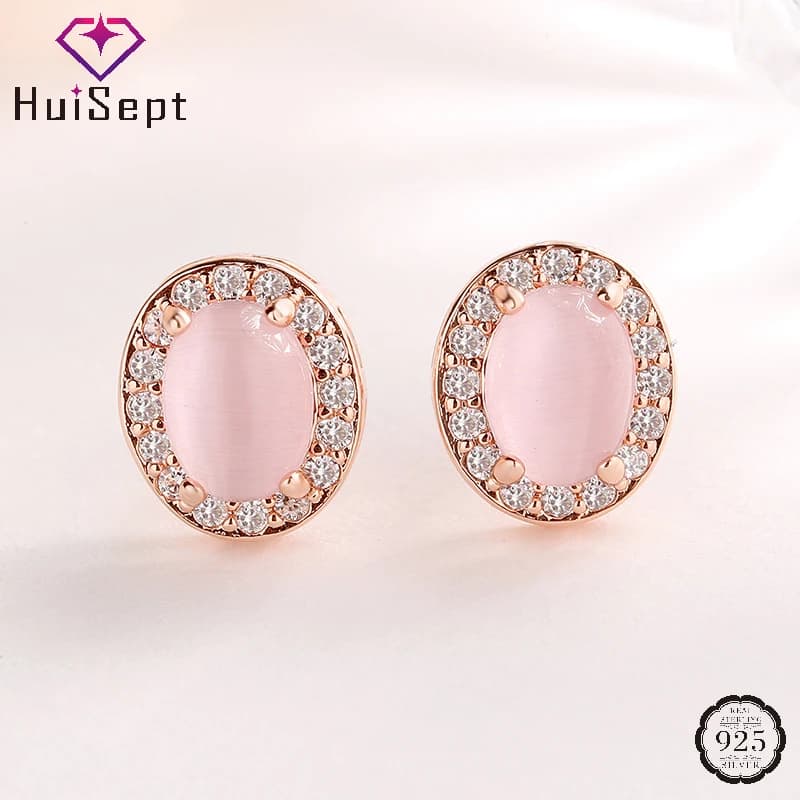 HuiSept Women Earrings 925 Silver Jewelry with Rose Quartz Zircon Gemstone Stud Earring for Girl Wedding Party Gift Accessories