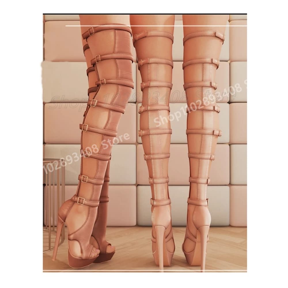 Solid Buckle Belts Hollow Sexy Long Boots Platform Peep Toe Stiletto High Heel Fashion Women Shoes 2025 Zapatos Para Mujere