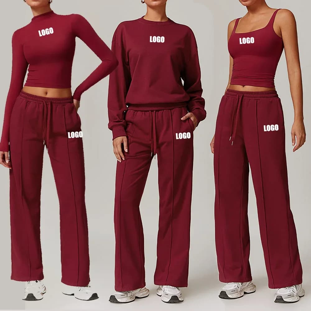 Custom LOGO New Women's Casual Sports Sweater Set High Waist Wide Leg Pants Long Sleeve Running Fitness Set