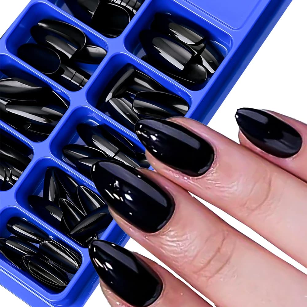 100Pcs Almond Press on Nails Medium Length Fake Nails Black Matte Almond False Nail Tips Artificial Fingernail Extend Fake Nails