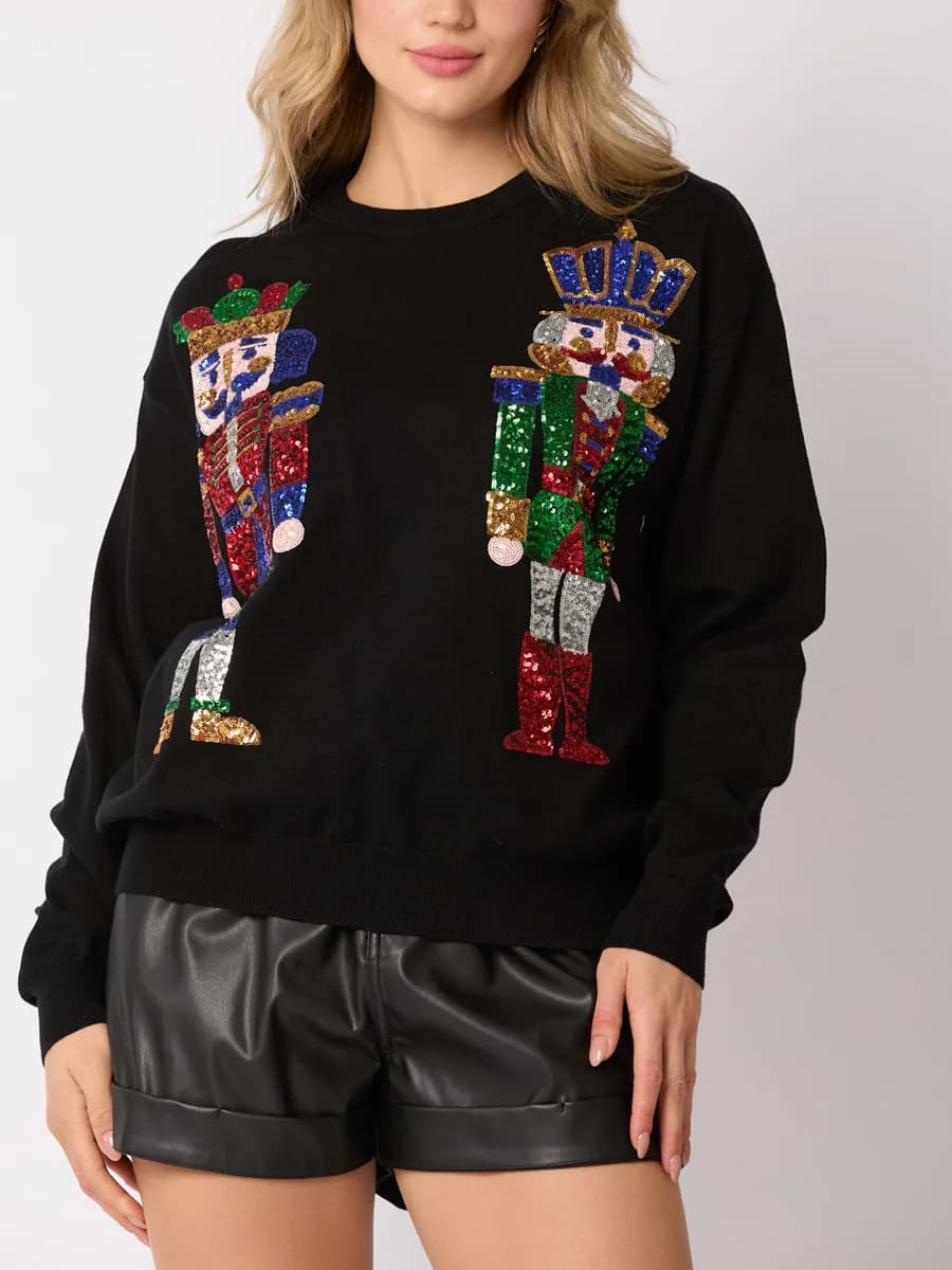 Women's Christmas Sweatshirts Sequins Soldier Pattern Long Sleeve Crew Neck Loose Casual Hoodies Autumn Pullovers Tops Coat Y2K