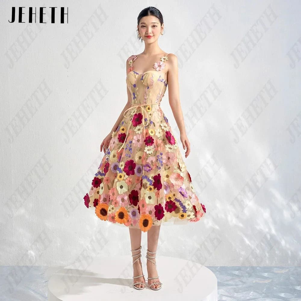 JEHETH Embroidery Lace Midi Prom Dresses Sweetheart Spaghetti Straps Floral A-Line Ballkleid Tea-Length Backless Party Dress