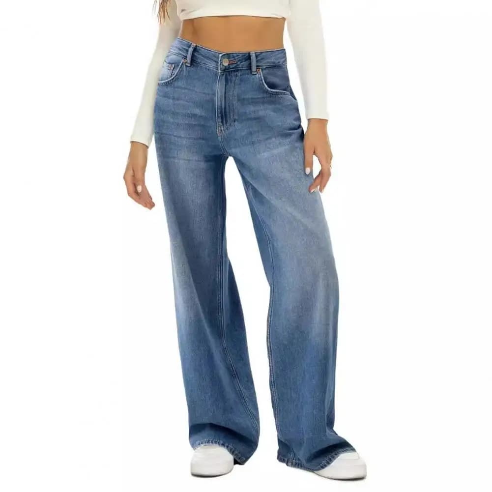 Summer Women Jeans High Waist Wide Leg Loose Button Zipper Multi Pockets Full Length Denim Pants Long