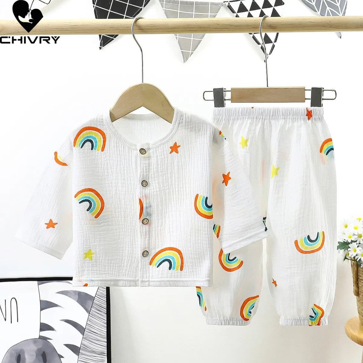 Kids Summer Pajamas New Boys Girls Thin Cartoon Three-quarter Sleeve Cotton Yarn Shirts with Pants Baby Sleeping Clothes Sets