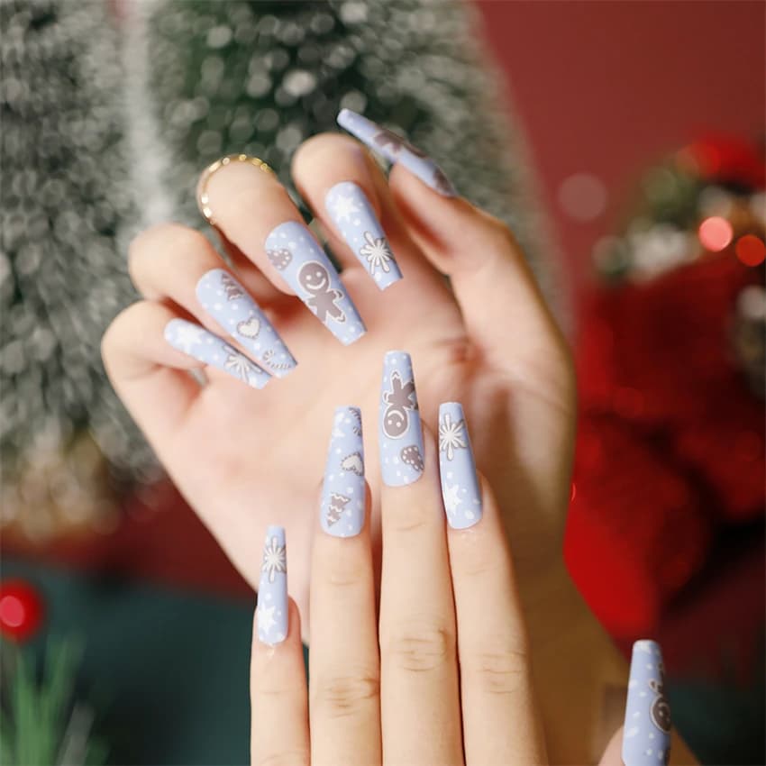 24Pcs/Set American Almond Christmas Wearing False Nails Full Coverage Press on Nails Removable Adhesive Acrylic Fake Nails Tips