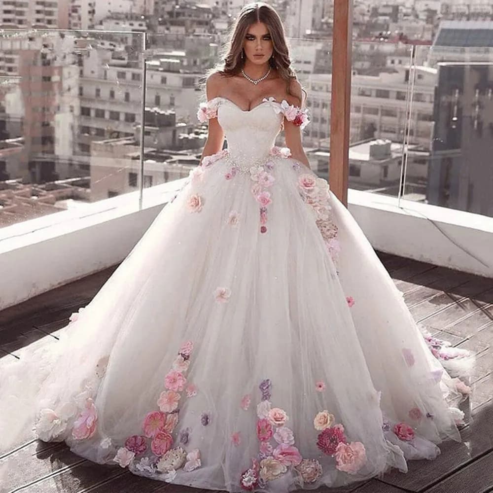 3D Flower Ball Gown Princess Wedding Dresses Sweetheart Off Shoulder Sweep Train Bridal Gown Plus Size robe de soirée de mariage