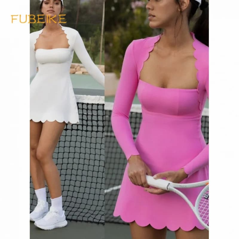 FUBEIKE Tennis Clothes Women's Long Sleeve Wave Lace Golf Wear Tennis Skirt Breathable Quick-Drying Yoga One-Piece Dress