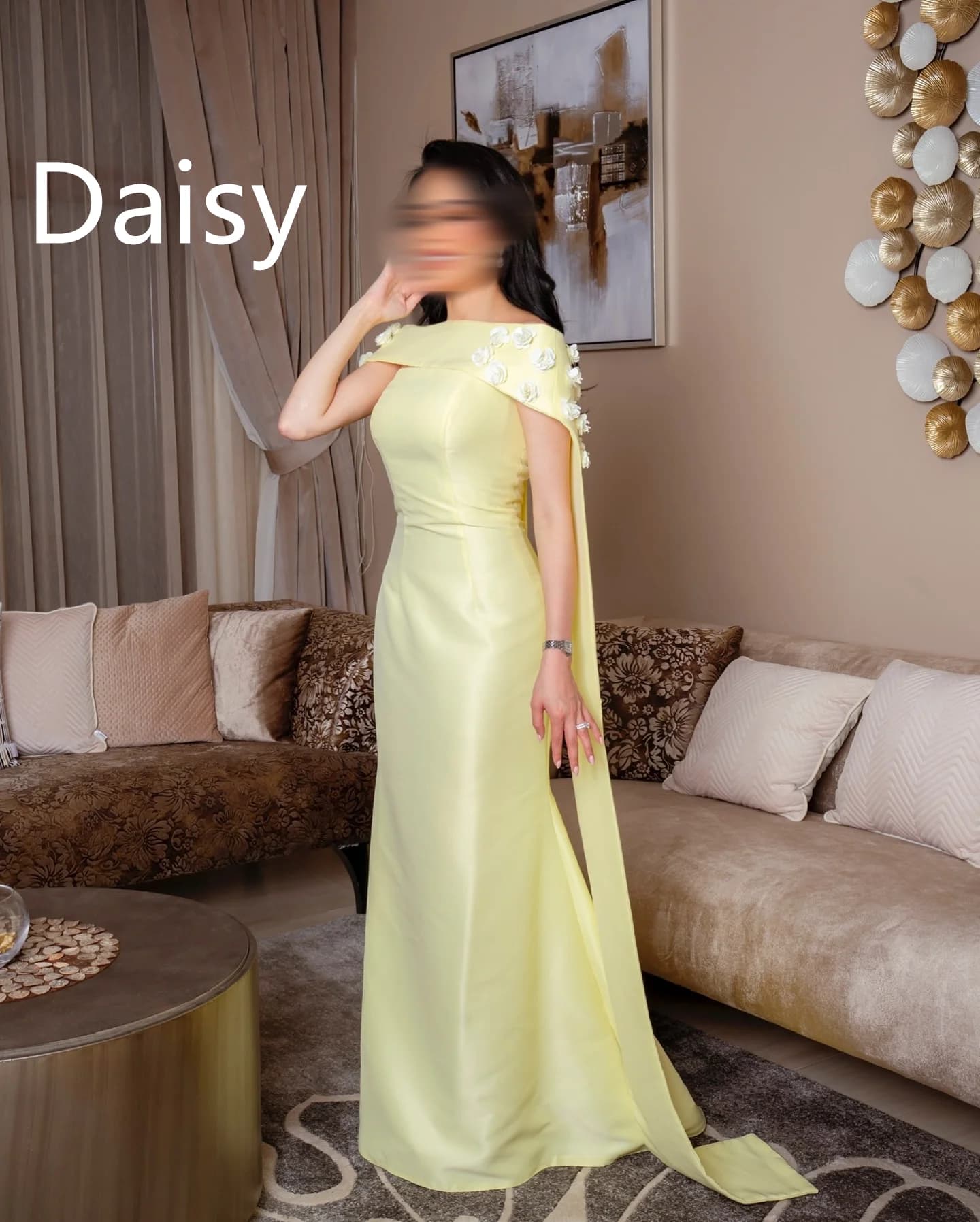Long Sheath Wedding Party Prom Dresses Bespoke Flowers Yellow Strapless Evening Gowns Shawls Saudi Women Wear Customized