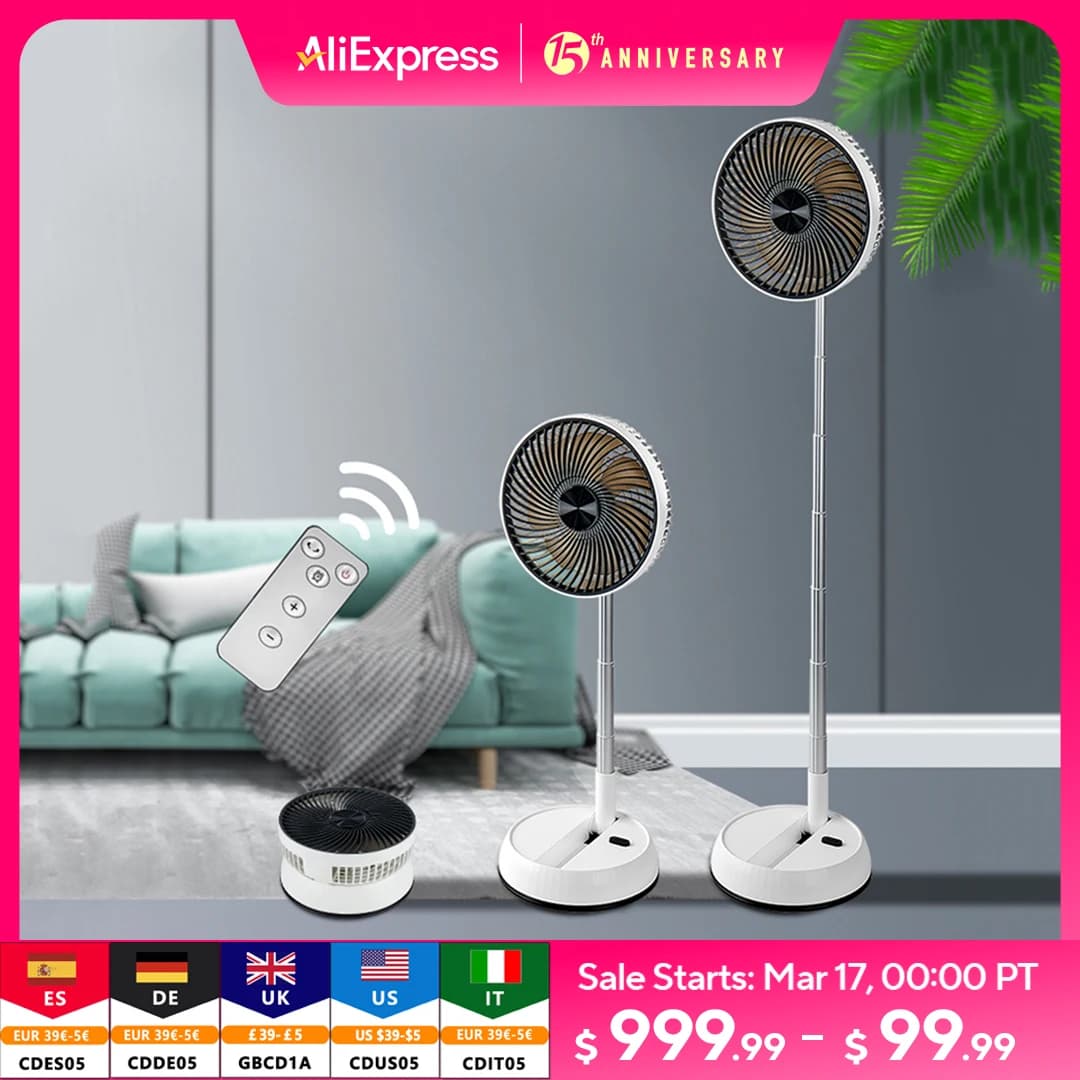 Portable Folding Fan 6000mAh USB Remote Control Air Cooler Silent Rechargeable Wireless Floor Standing Fan For Outdoor Home