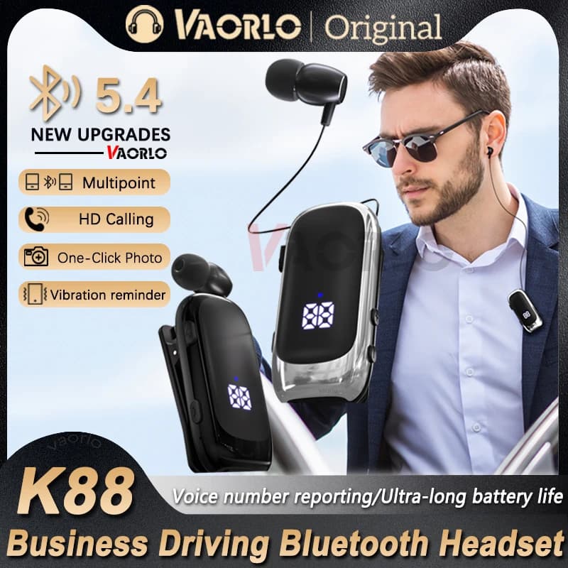 New K88 Lavalier Business Headset Bluetooth 5.4 Bass Earphone Call Vibration Reminder+Voice Number Reporting Wireless Headphone