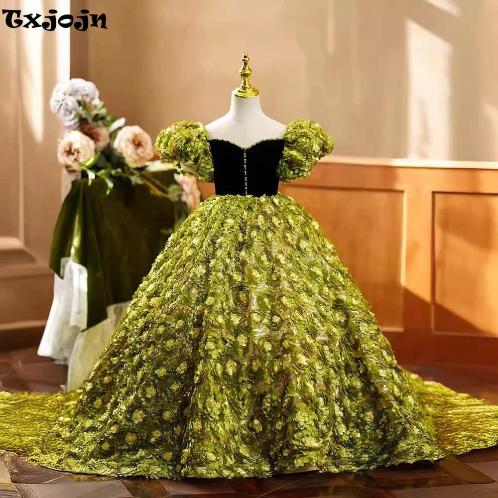 New Luxury Girls Puff Sleeve Ball Gown Birthday Party Glitter Sequins 3D Flower Princess Dress For Performance Activities