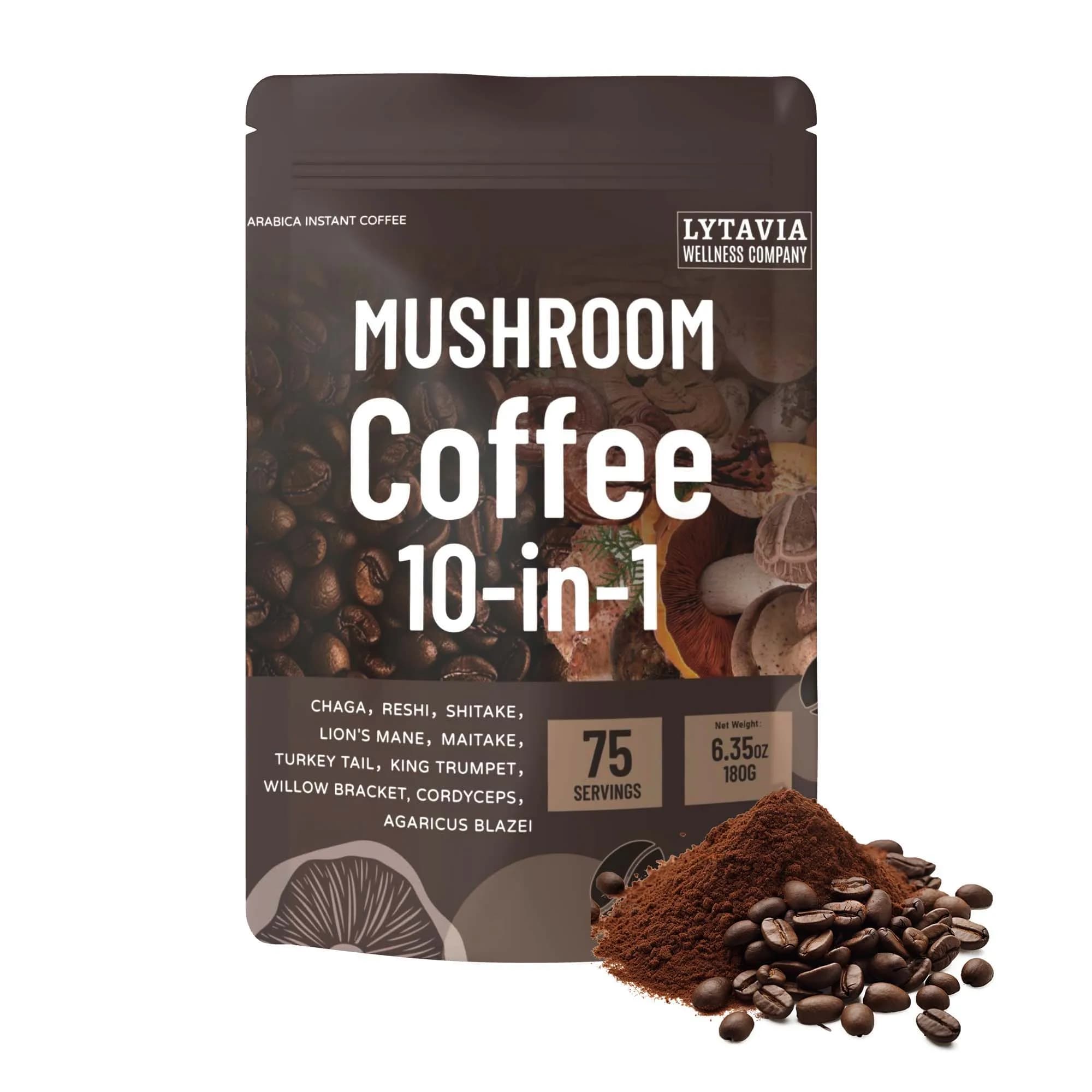 Mushroom Coffee With 10 Adaptogenic Mushrooms And MCT Oil, USA Grown Instant Coffee, 180g，6.35 OZ