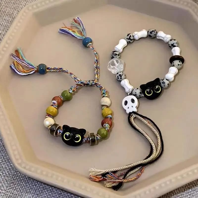 Steel Fun New Cartoon Cat Charm Bracelet for Women Halloween Gift Skeleton Tassel Hand Chain Girls Jewelry Gift Y2k Accessories
