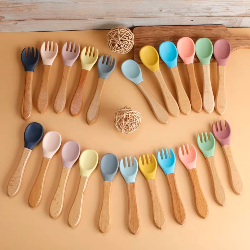TYRY.HU 1Set Baby Silicone Fork Spoon Set Wooden Handle Children Silicone Feeding Fork Spoon Set Christmas Gift Birthday Gift