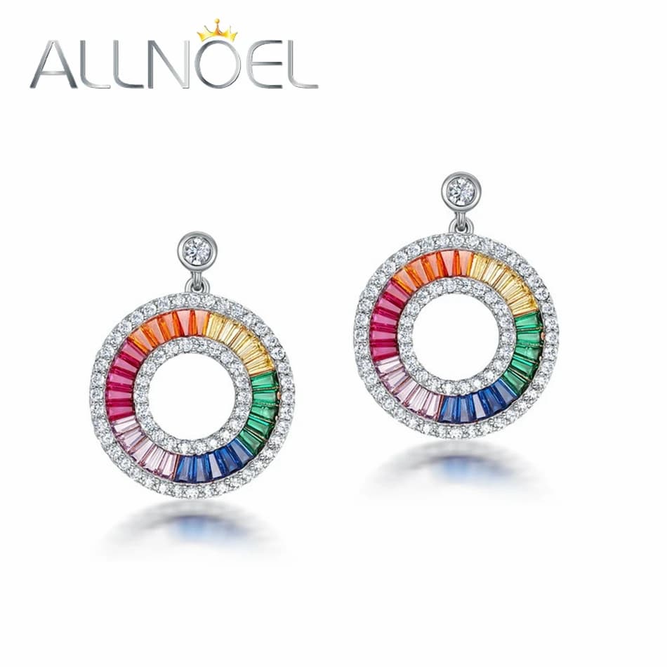 ALLNOEL 925 Sterling Silver Drop Earrings for Women Colorful 2.5*2.5mm Rainbow Zicron Full Circle Summer Party Gift Fine Jewelry