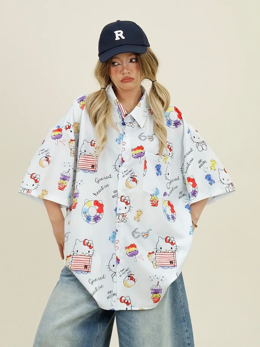 Cartoon Cat Short-sleeved Shirts Women's 2024 Summer New Loose Bf American Retro Versatile Shirt Trend