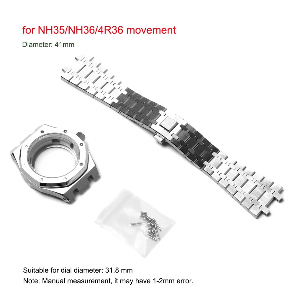 41mm Watch Case/ Strap for NH35/NH36/4R36 Movement Stainless Steel Watch Cover Replacement Wristwatch Band