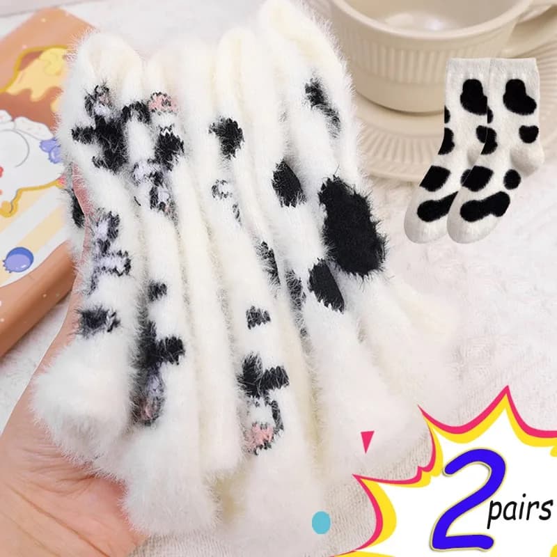 2 Pairs New Cute Cow Spots Print Socks Thickened & Warm Coral Fleece Socks Women's Stockings & Hosiery for Autumn and Winter