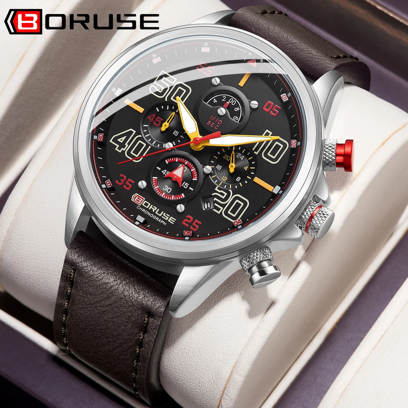 BORUSE Fashion Mens Watches Luxury Men Wrist Watch Leather Quartz Watch Sports Waterproof Luminous Male Clock With Box