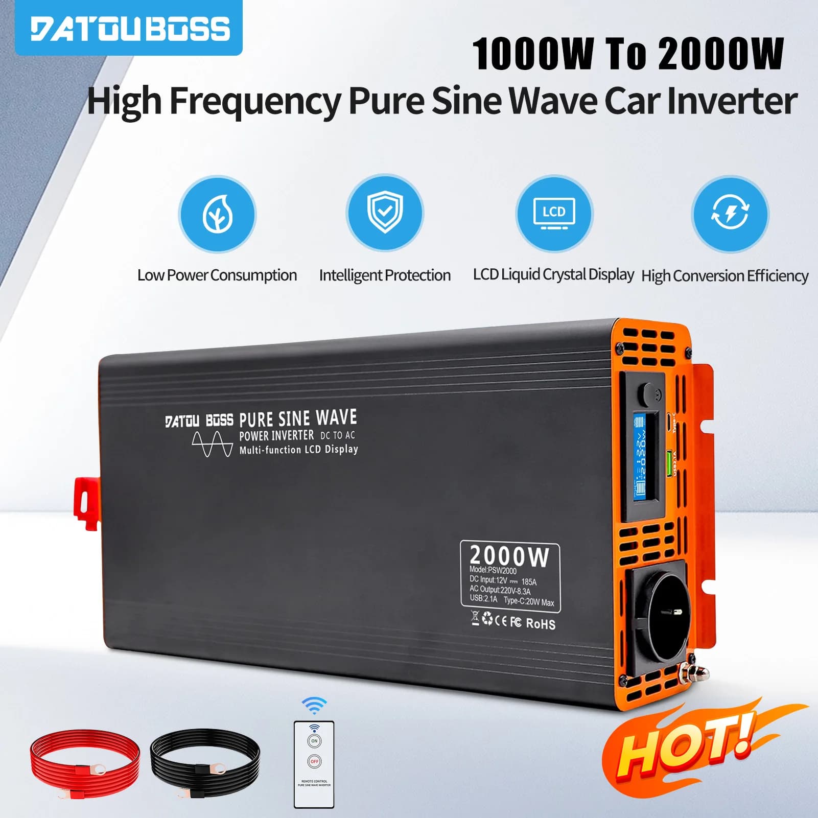 DATOUBOSS Pure Sine Wave Inverter 4000W DC 12V 24V 36V 48V 60V 72V to AC 220V 240V  Continuous Power 2000W With LCD Inverter