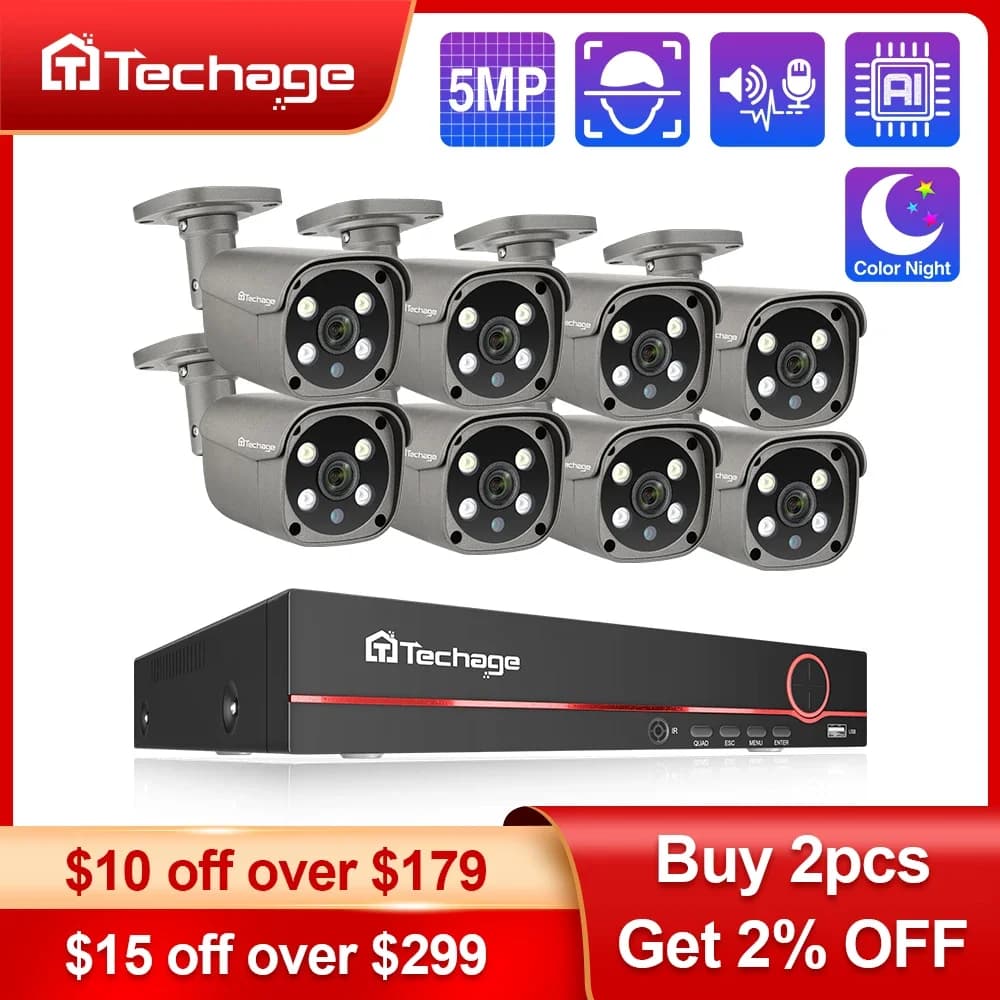Techage 8CH 5MP HD POE CCTV Security Camera System Home Video Surveillance NVR Kit Face Detection Outdoor IP Camera Set Xmeye