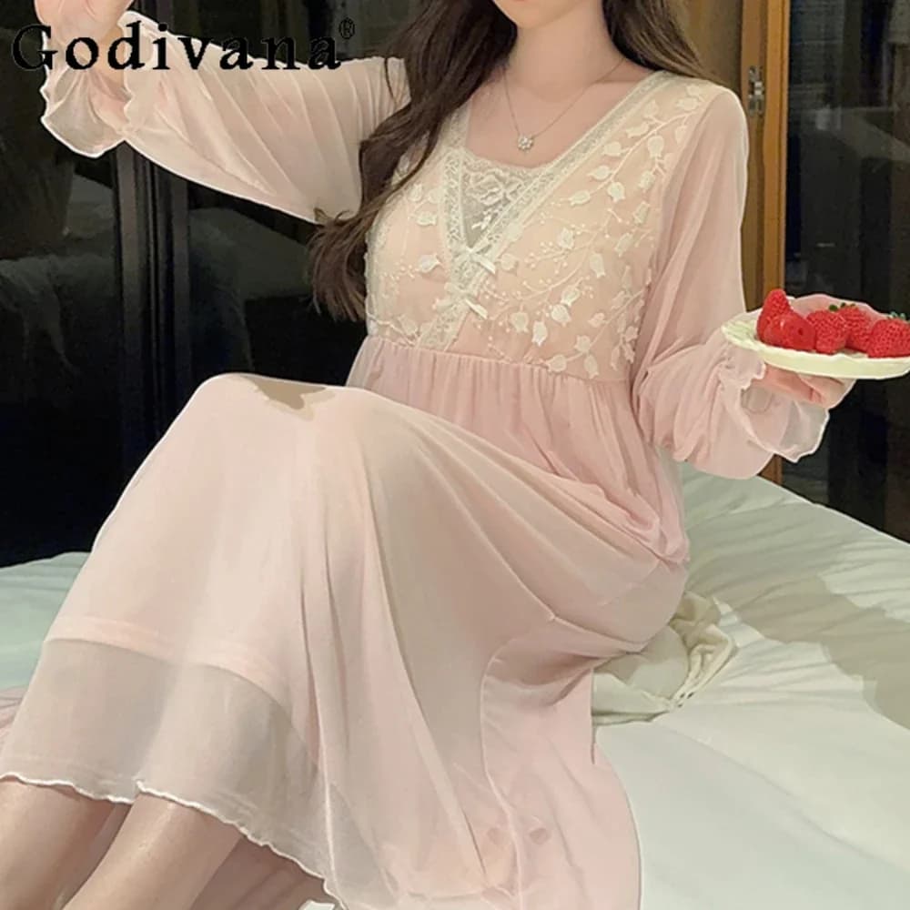 French Court Style Nightdress Women's Spring and Autumn Sleepwear New Sexy Sweet Lace Princess Loungewear Nightwear