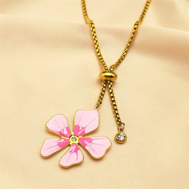 Sweet Pink Flower Pendant Long Chain Necklace for Women Enamel Stainless Steel Gold Color Aesthetic Y2K Jewelry Gift NZZZ394-1S0