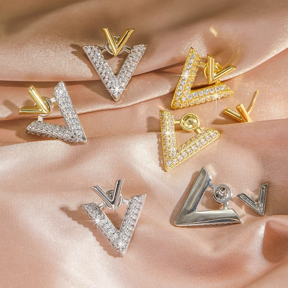 Korean V Shape Two Wear Earrings for Women French Fashion Geometric Zircon Rhinestone Luxury Elegent Earrings  Jewelry Gifts