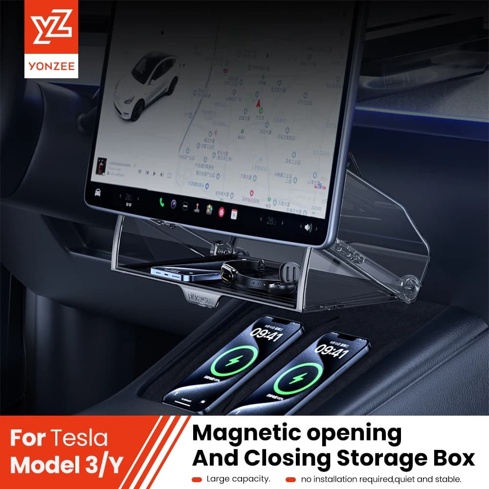 YZ For New Tesla Highland Model 3 Y Juniper Tray Magnetic Under Screen Fold Storage Box ETC Screen Storage Box Accessories