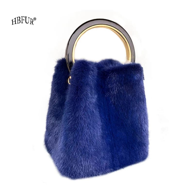 Luxury Real Mink Fur Handbag Women Blue Bags For Women Korean Fashion Initiated Ladies Trendy Designer Tote Bags For Girls New