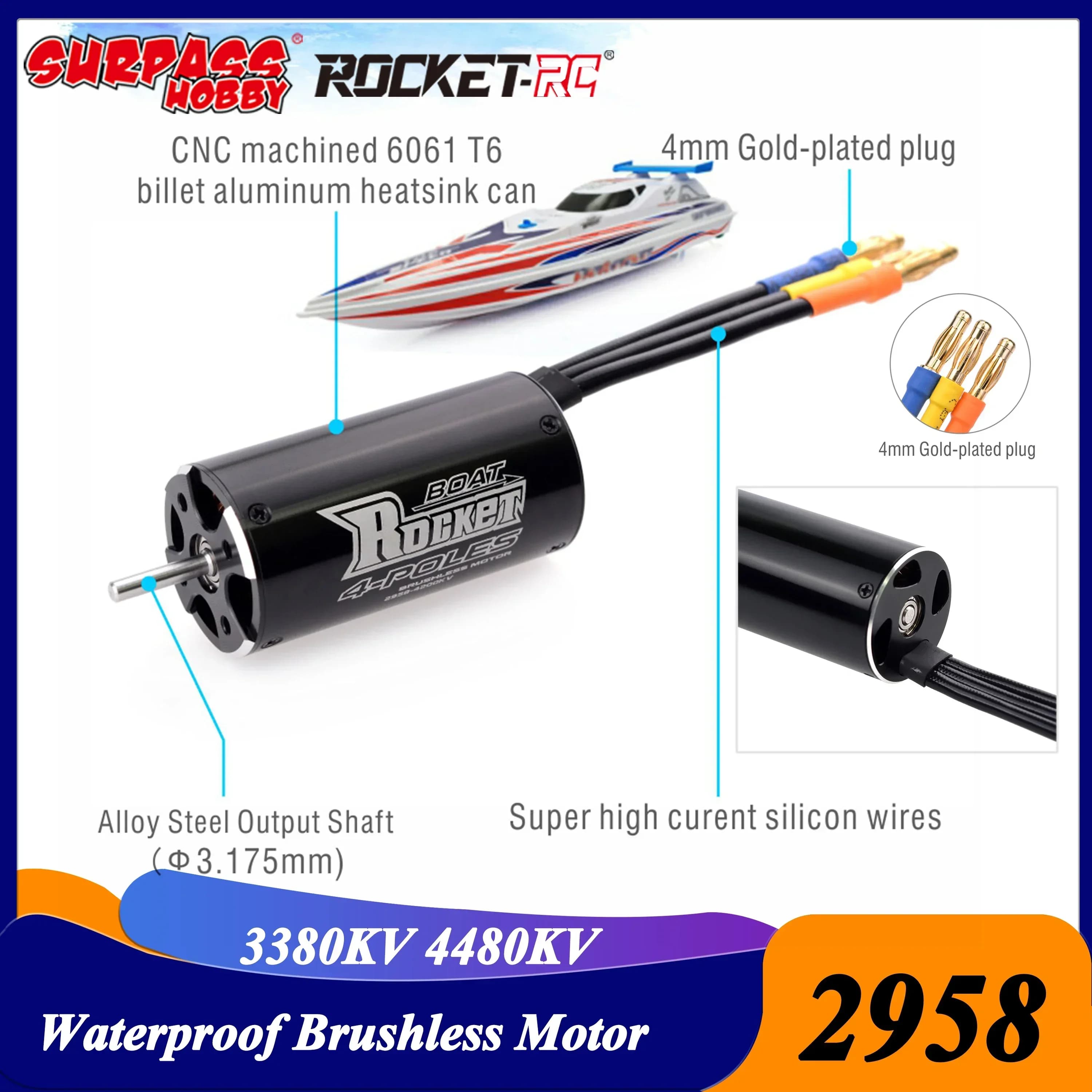 Surpass Hobby Rocket 2958 3380KV 4480KV Waterproof Brushless Motor 3.175 Shaft for 600-800mm RC Fishing Boat Feilun Traxxas