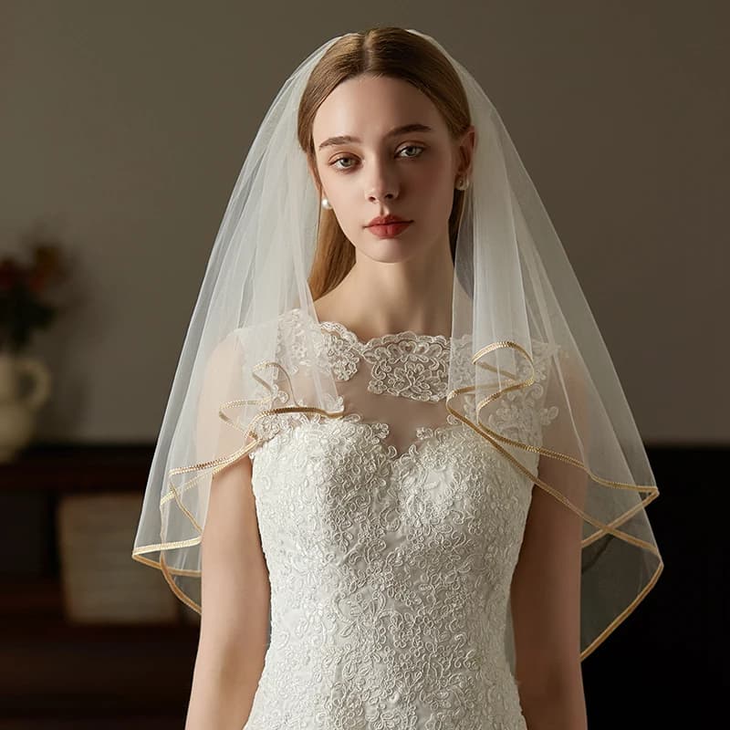 V773 Handmade Wedding Bridal Veil White Two-Layer Plain Tulle Gold Satin Edge Brides to Be Veil with Alloy Hair Comb