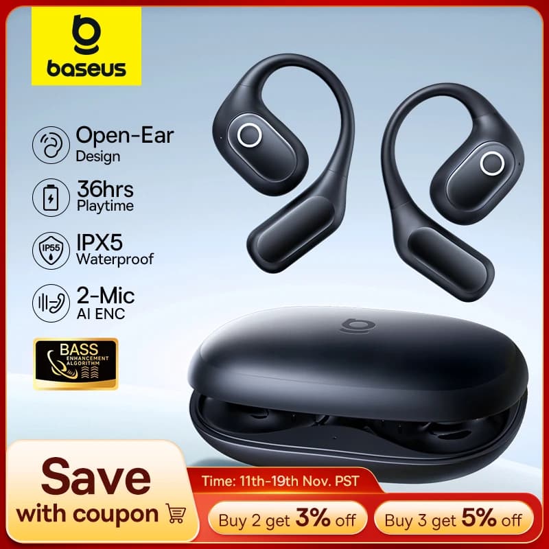Baseus Eli 2i Fit Open-Ear Earphones True Wireless Bluetooth 6.0 Ear Hooks Headphones IPX5 Waterproof Sports Earbuds Bass Boost