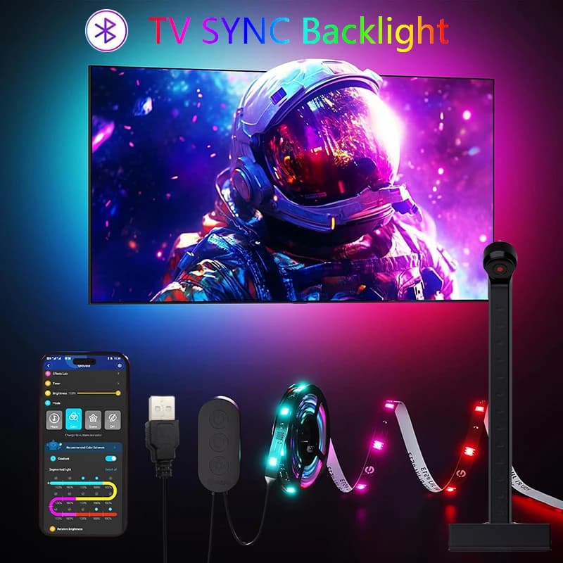 TV SYNC Backlight LED Strip Light USB Flexible Ribbon Diode Tape with RGBIC Color Capture Sensor Bluetooth APP Remote Control