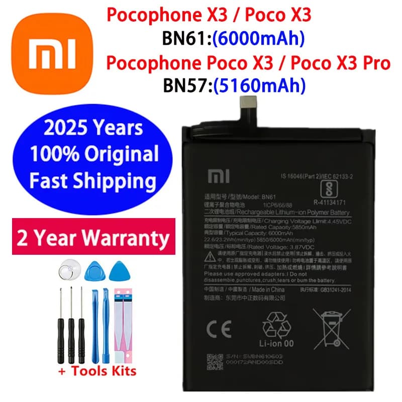 100% Original Xiao mi BN61 BN57 6000mAh Phone Battery For Xiaomi Pocophone X3 NFC Poco X3 Pro Replacement Batteries