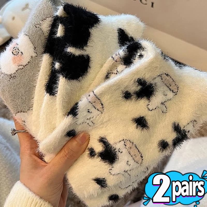 1/2Pairs Lovely Milk Cow Socks Women Kawaii Thicken Cashmere Middle Tube Socks Sweet Girls Soft Warm Outwear Floor Wear Socks