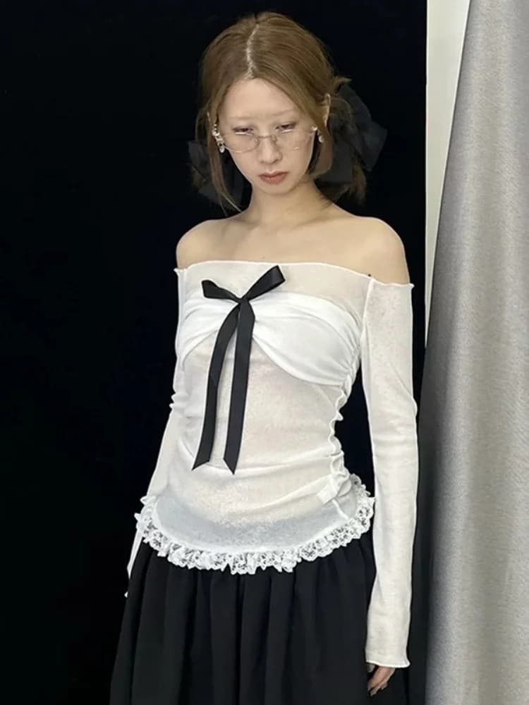 Off Shoulder T Shirts For Women Streetwear Bow Tie Feminist Clothes Long Sleeve Crop Top Mesh Camisetas Slim Fit Ropa De Mujer