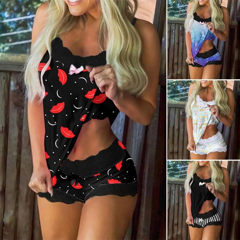 1 Set Pajama Set Attractive Summer Nightwear Set Spaghetti Strap Bow-knot Pajama Set for Wedding Night