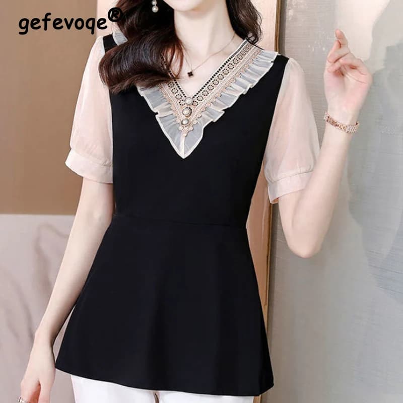 Casual Fashion Ruffles Patchwork Button Embroidery T-shirt Summer 2023 New Short Sleeve V-Neck Slim Pullover Tops Women Clothing