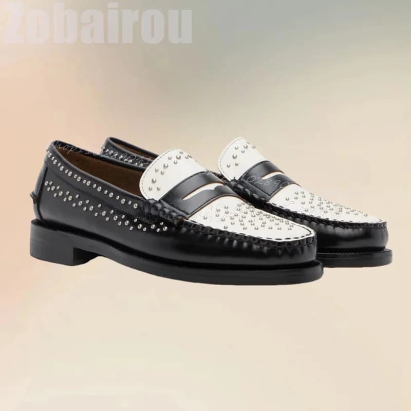 Black White Pleated Design Rivets Decor Loafers Fashion Slip On Men Shoes Luxury Handmade Party Banquet Office Men Dress Shoes