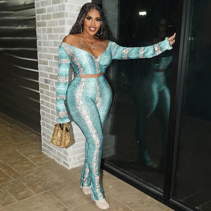 DSMTRC Women Long Sleeve V Neck Crop Tops Long Pants Spring Autumn Party Club Two Piece Matching Sets Outfits Streetwear