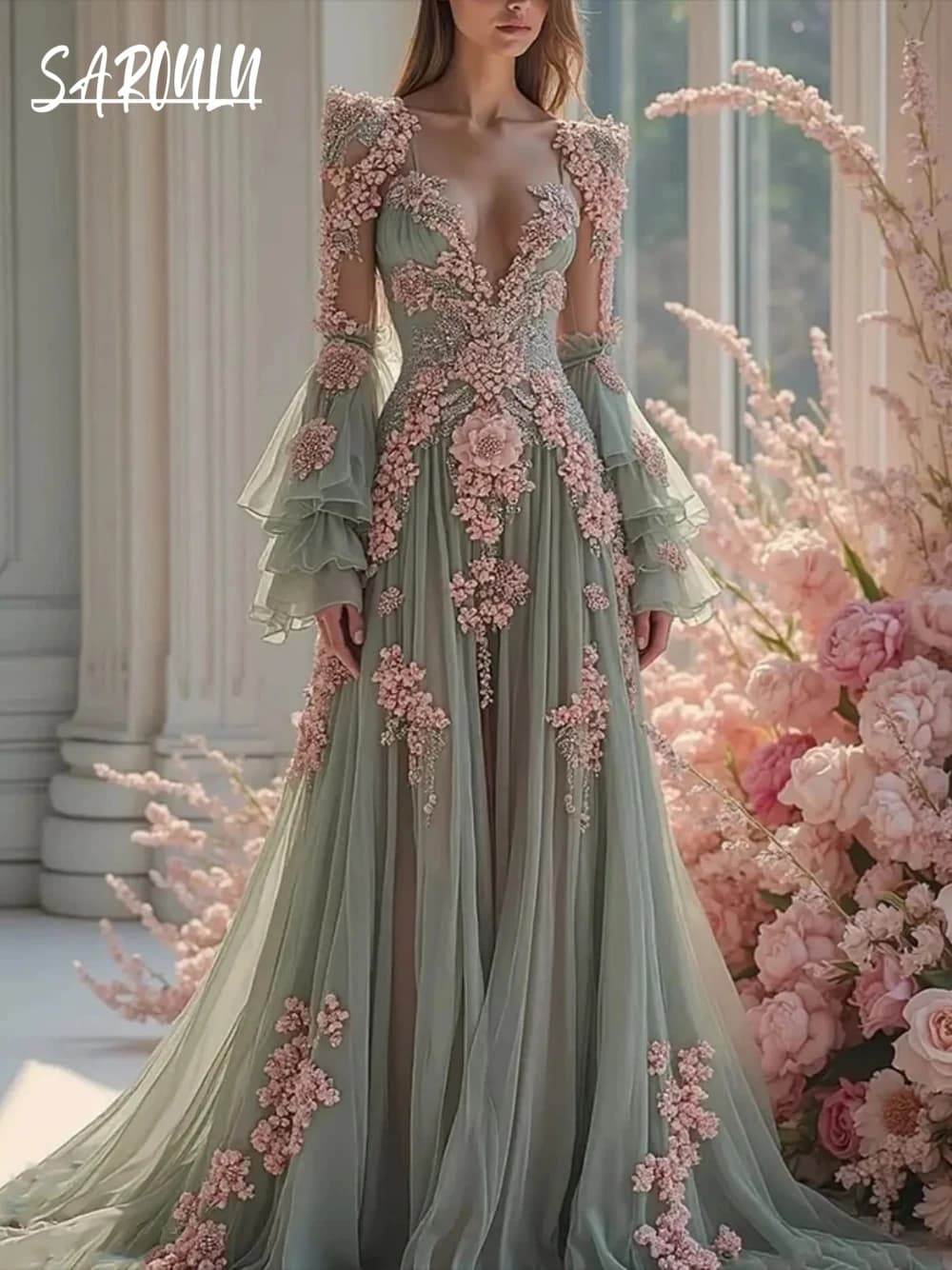New Arrival Elegant V-neck Evening Dress Chic Flowers Bride Customized Formal Occasions Cocktail Celebrity Stunning Prom Gown