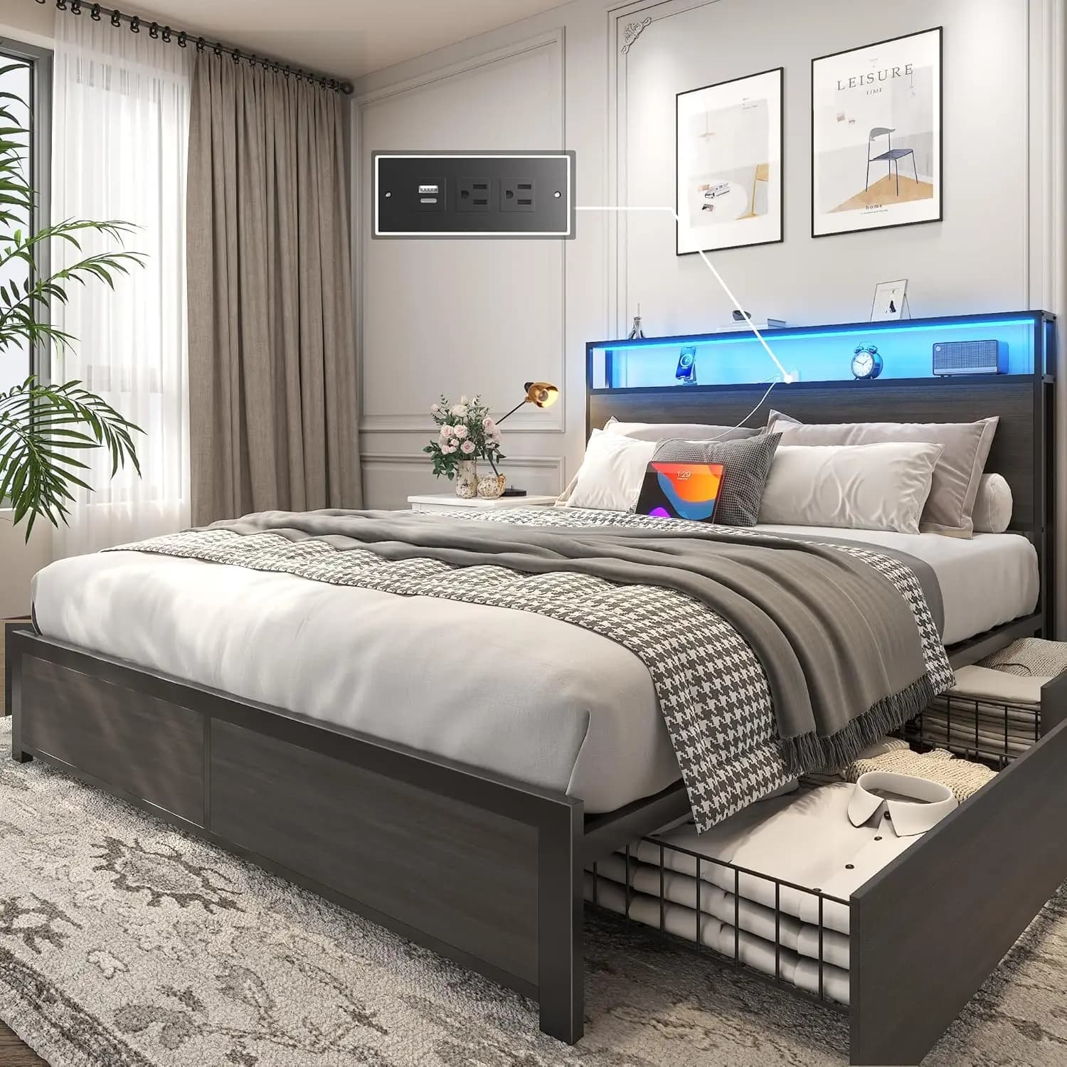 Queen Bed Frame w/2-Tier Storage Headboard, Metal Platform Bed Frame W/ 4 Storage Drawers, Built in Charging Station & LED, USA