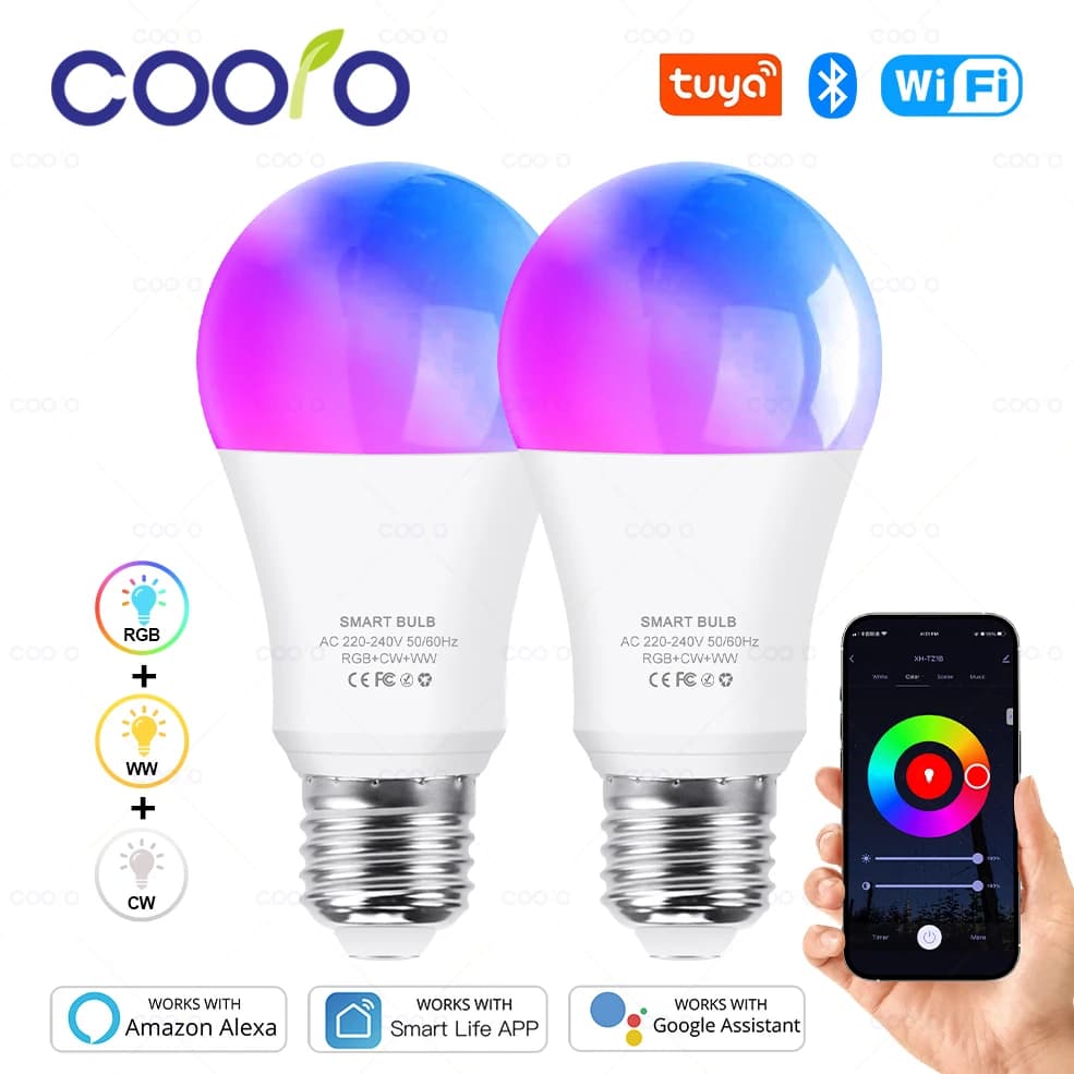 Tuya WiFi/Bluetooth Smart Bulb E27 RGB+C+W Smart Light Bulbs AC 220V Smart Lamps Works with Alexa Google Assisatnt Smart Life