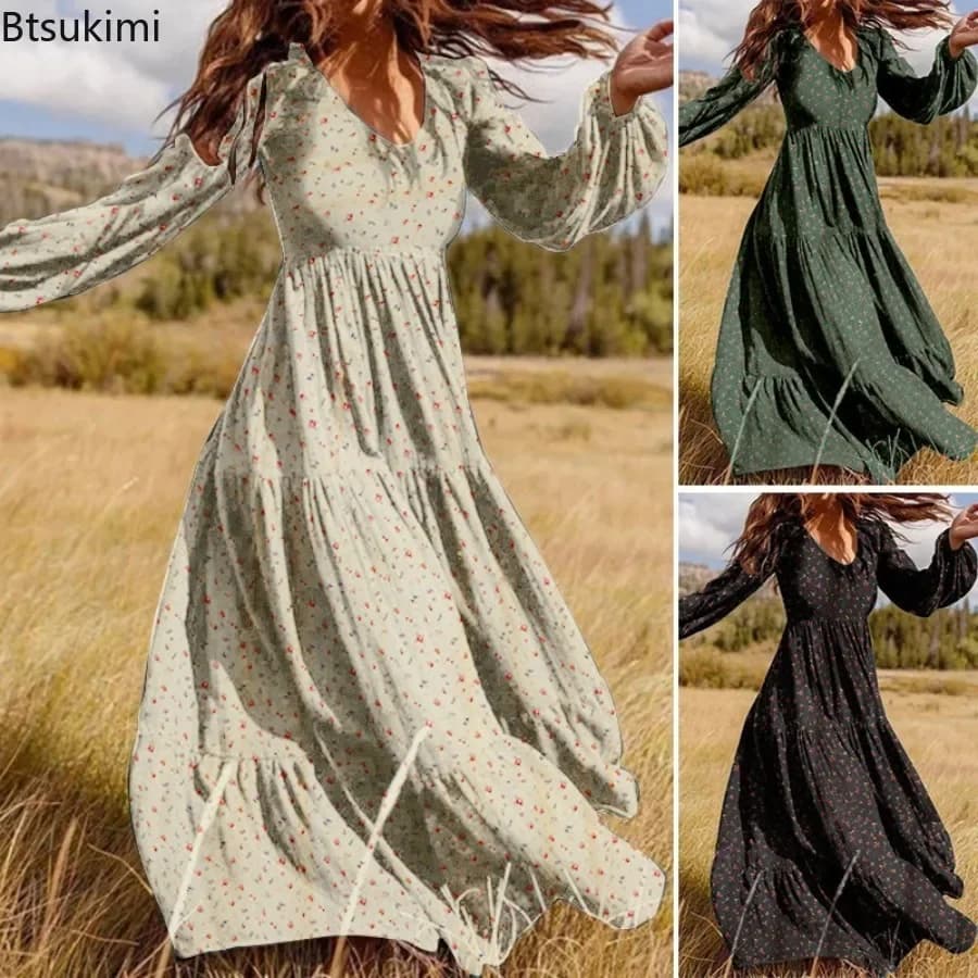 2025 Stylish Casual Maxi Dress for Women Floral Printed Mini Dress Evening Party Dresses V-neck Lantern Sleeve A-line Long Skirt