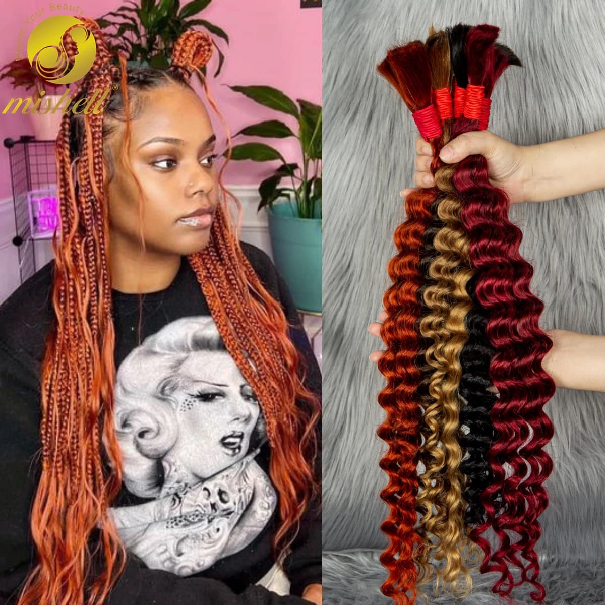 350# Ginger Orange Deep Wave Bulk Human Hair for Boho Braids No Weft Virgin Water Wave Curly Human Hair Extensions for Braiding